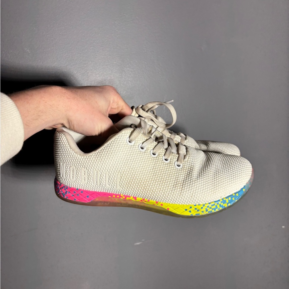 NOBULL Cream Knit Trainer with Pink-Yellow-Blue Gradient Sole